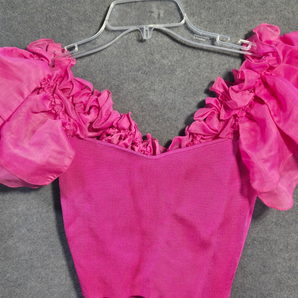 Zara Knit Ruffle Tank Fuchsia Pink Top Sz Small Stretch Tank Organza Ruffle Bow